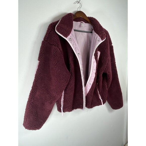 Fabletics Jacket Womens Small Burgundy Pink Sherpa Fleece Zip Pockets Warm - Picture 2 of 7